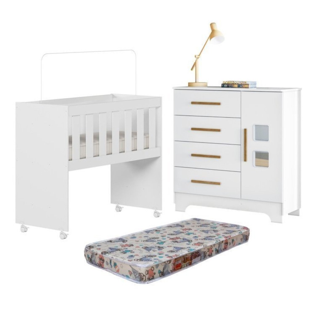 Quarto de Bebê com Mini Berço com Colchão 5 em 1 Ariel e Cômoda 4 Gavetas 1 Porta Fly 100% Mdf - Mom & Baby