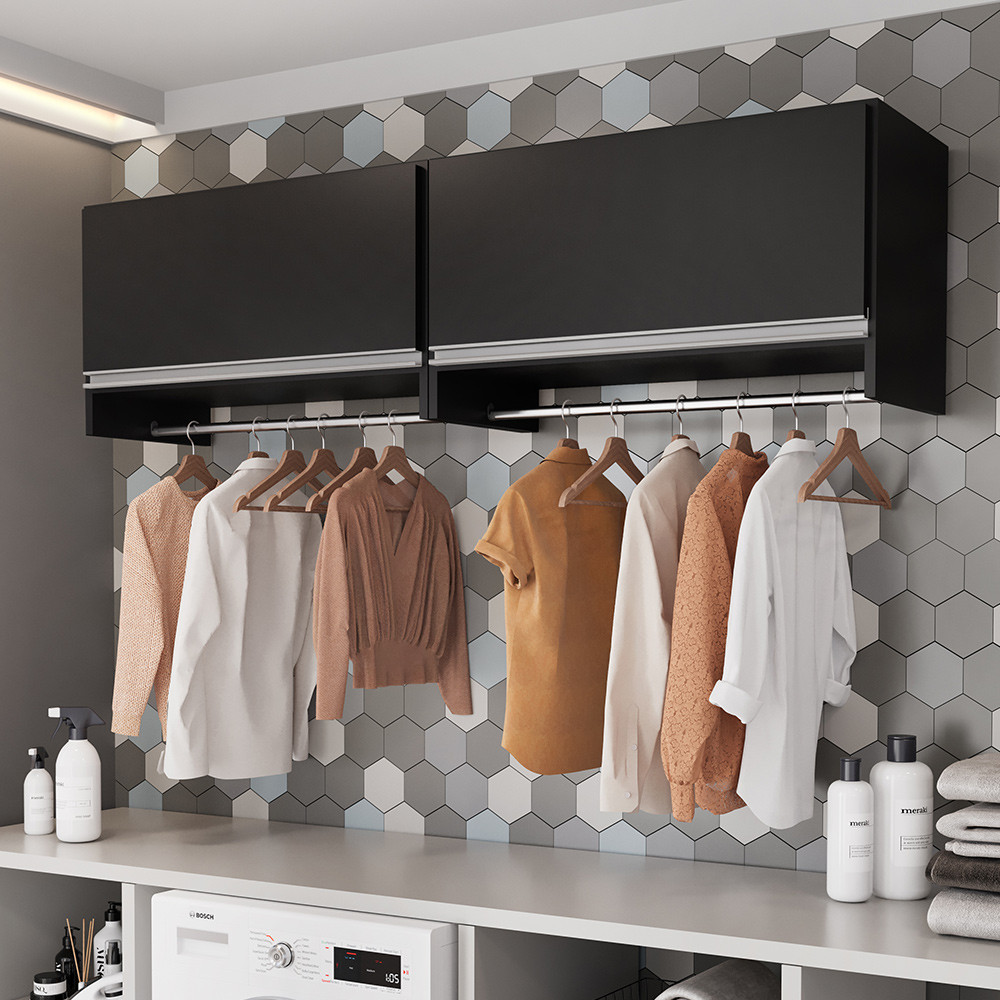 Kit 02 Armários Multiuso Aéreo Cabideiro Grécia L03 Preto - Lyam Decor em Oferta na Shopee