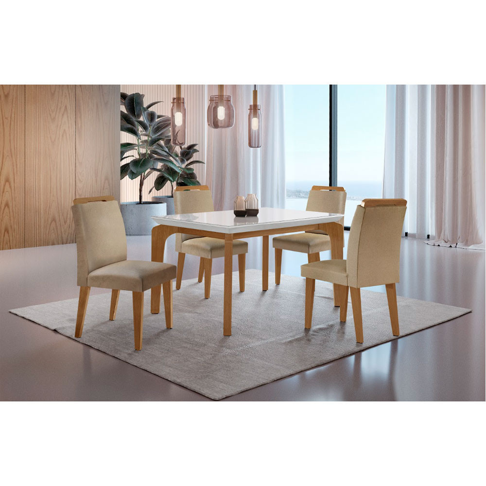 Conjunto Sala de Jantar Mesa Liz 120cm com Vidro Canto Reto e 4 Cadeiras Athenas Moderna - Home & Living