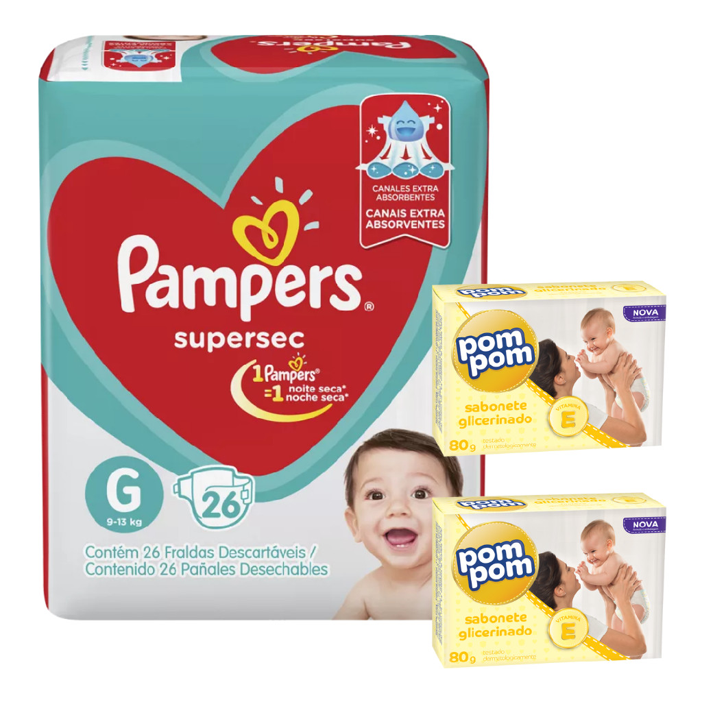 KIT FRALDA PAMPERS SUPERSEC PACOTÃO G 26UN + 2x SABONETE POMPOM GLICERINA