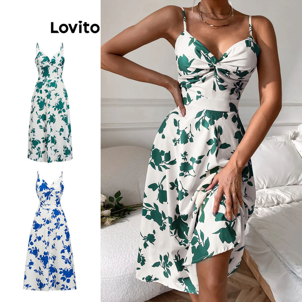 Lovito Vestido Boho com Estampa Floral para Mulheres LNL36073 (Verde)