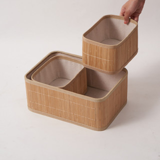 NOVO! Entregar 24H Kit 3 Cestos Organizadores de Bambu Multiuso com Forro em Oferta na Shopee