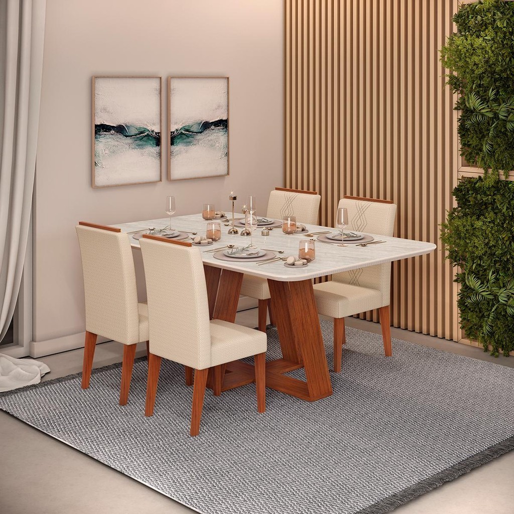 Conjunto Sala de Jantar 4 Cadeiras Sem Vidro 170x90 DJ Móveis Kiara Freijó Quartzo Yasmin Linho Neve em Oferta na Shopee