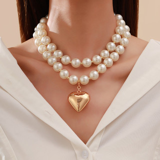 Colar de Coração Dourado para Mulheres, Colar de Coração com Pérolas, Colar de Coração Grosso, Colar de Pérolas, Colar d