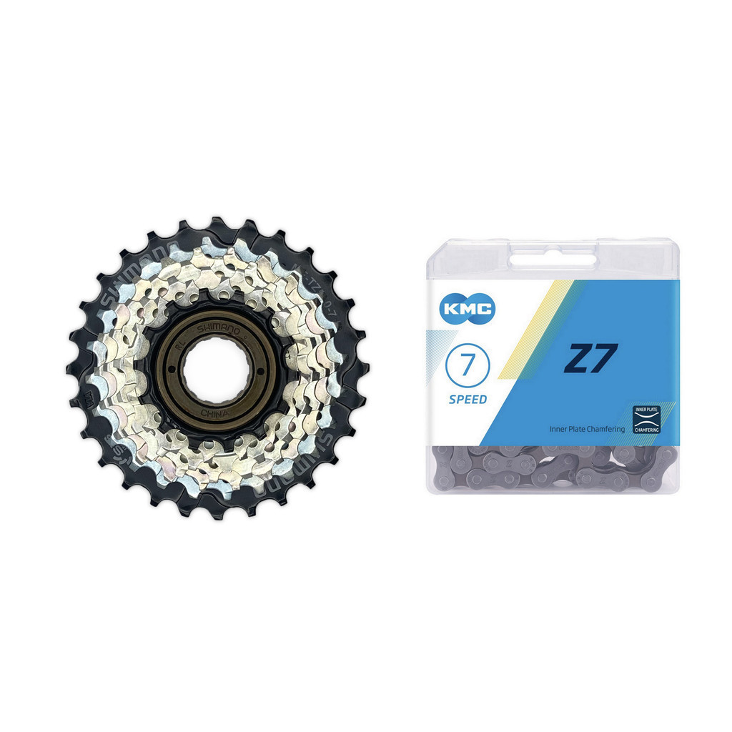 CATRACA / RODA LIVRE SHIMANO TOURNEY MF-TZ510 14/28D 7V + CORRENTE KMC Z7 CINZA 116 ELOS - P/ CUBO ROSCA em Oferta na Shopee