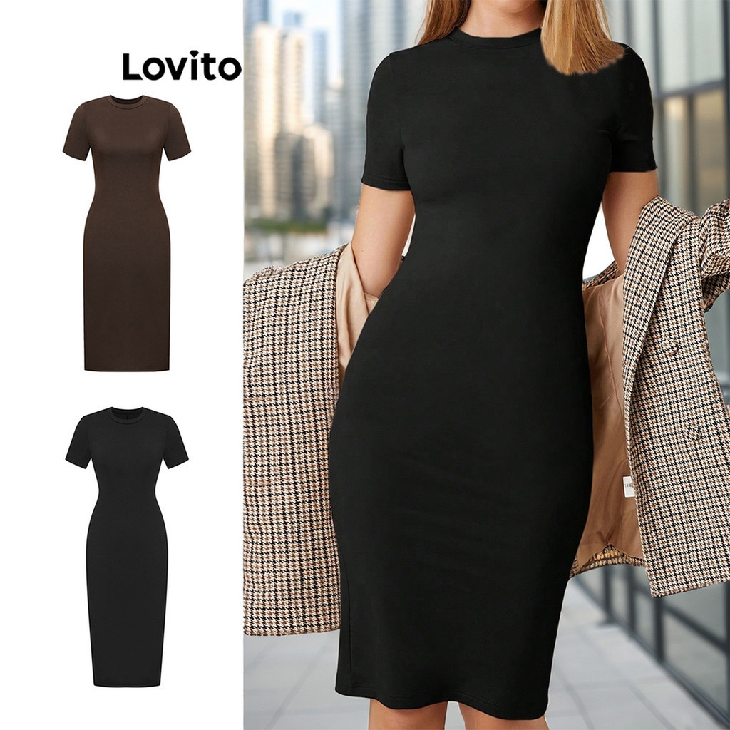 Lovito Vestido Casual Liso Dividido Nas Costas Vestido Básico Para Mulheres L68ED300  (Pre...