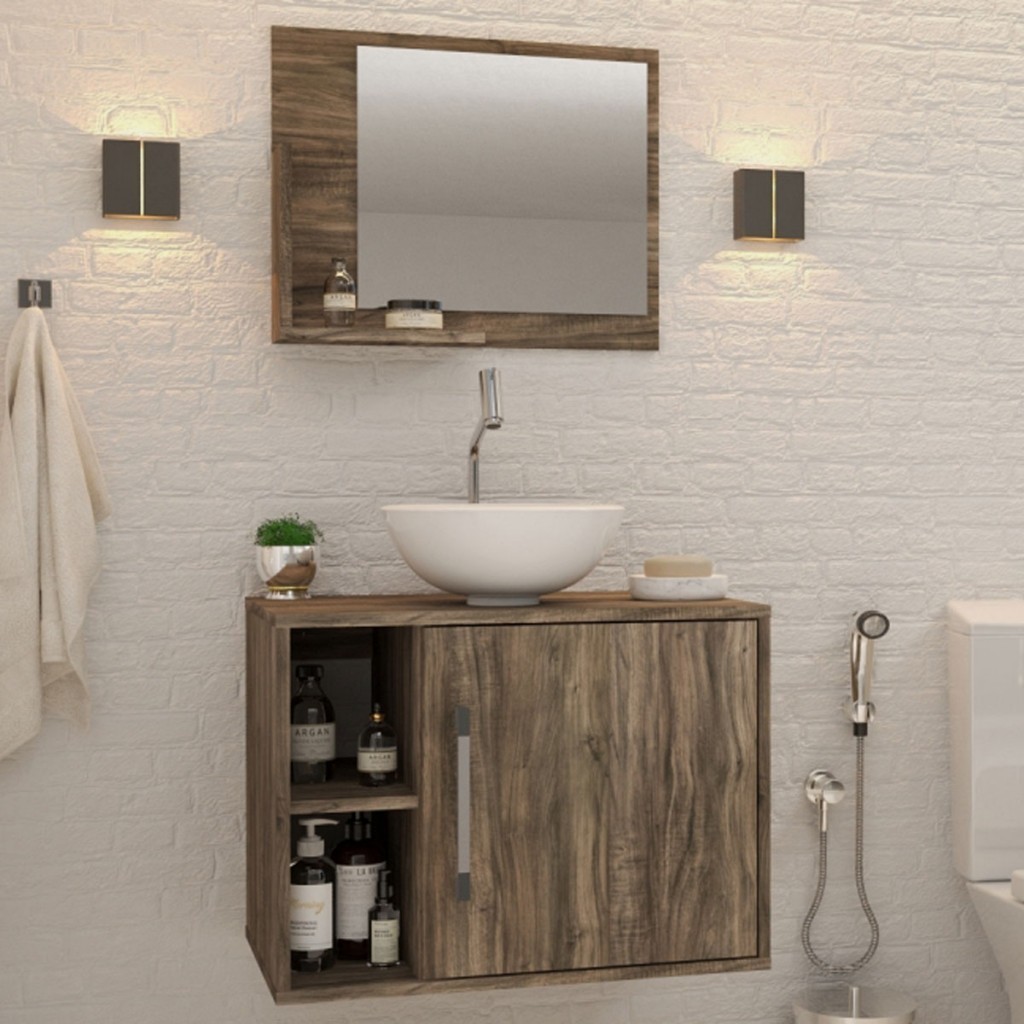 Armário de Banheiro com Cuba e Espelho 1 Porta 2 Prateleiras Carvalho Dark 13688 - Compace - Home & Living
