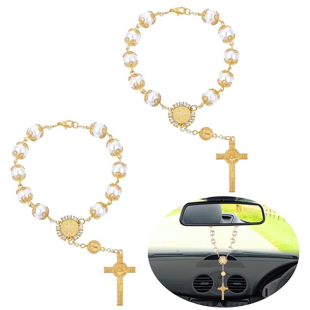 Espelho Retrovisor Automóvel Rosário Feminino Homens Contas Católicas Medalha De Carro E Acessórios Para Decoração De Interiores De (Ouro)