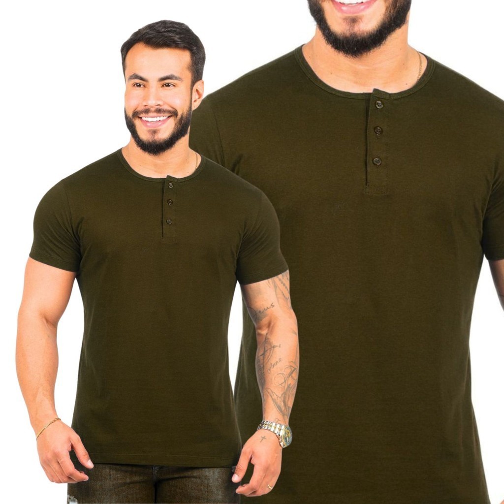 Camiseta Henley Masculina Camisa Gola Padre Malha + Grossa em Oferta na Shopee