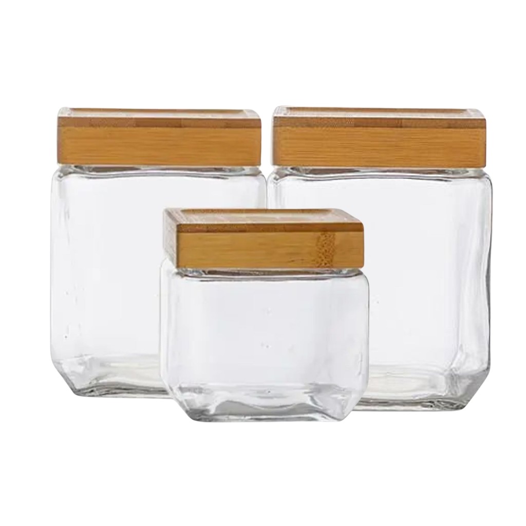 Conjunto 3 Pote De Vidro Hermético Quadrado Tampa Bambu 800/2x1250ml Design Sofisticado Pr...