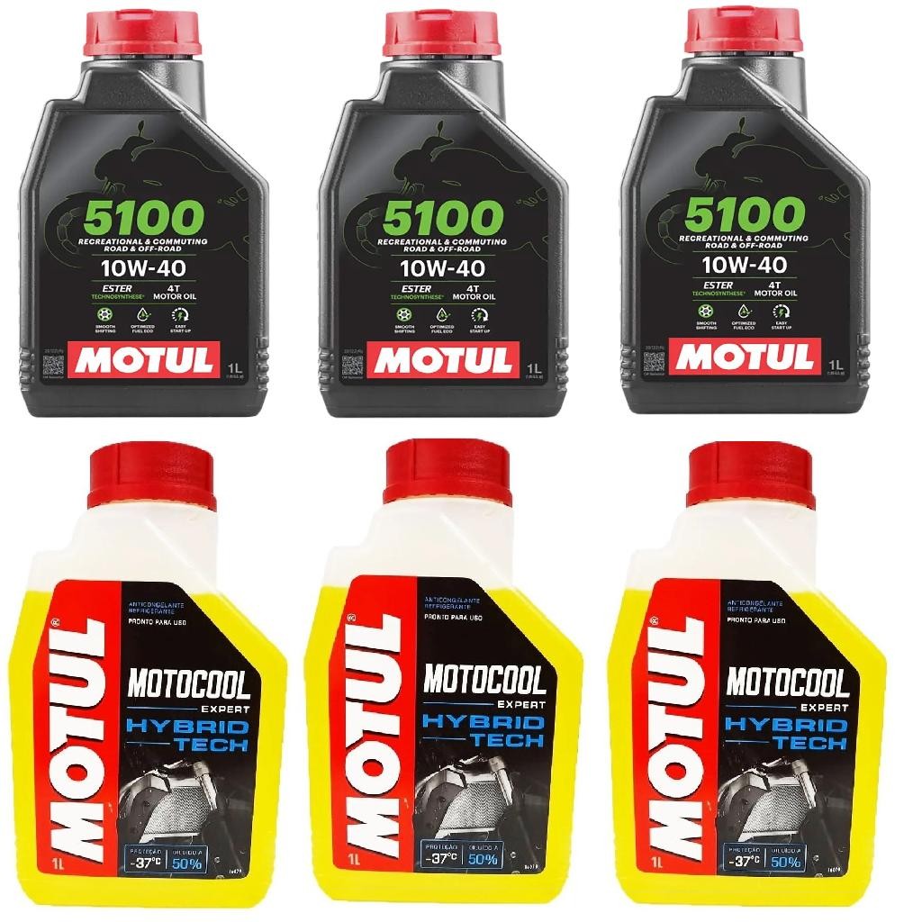 KIT TROCA DE OLEO MOTO 3X MOTUL 5100 10W40 + 3X MOTOCOOL ANTICONGELANTE YAMAHA MT 09 TRACER 900