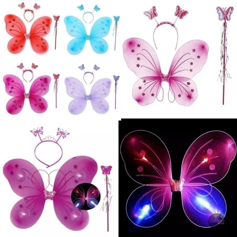 Asa de Borboleta Led Fada com Tiara e Varinha Kit 3 peças Festa em Oferta na Shopee