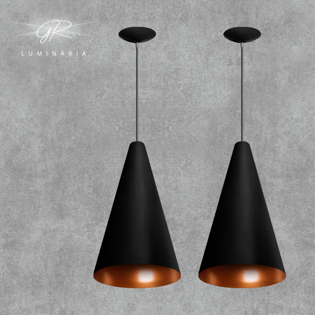 Kit Com 2 Pendentes Luminária De Teto Modelo Funil Cone Preto/Cobre Casa e Decoração GR iluminação