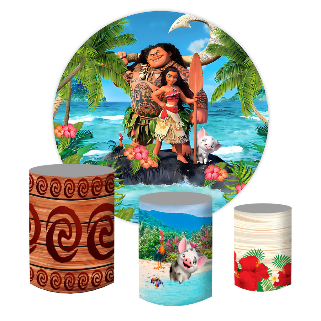 Kit Painel Festa Moana Painel Redondo + Capas Cilindros em Tecido Sublimado