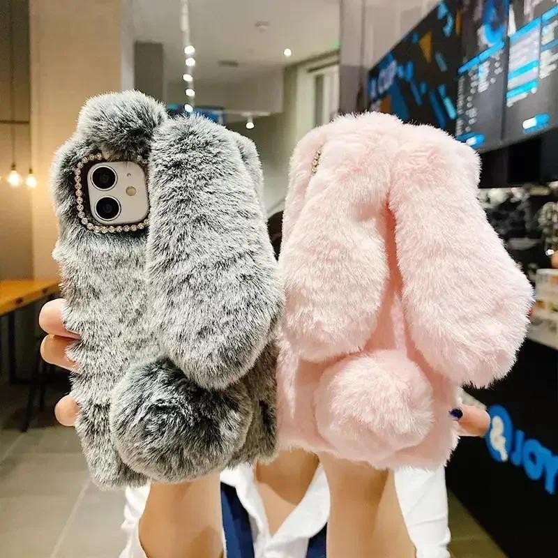 3D Bonito Pele De Coelho Caso De Telefone Para Samsung Galaxy A06 A16 A26 A36 A56 A15 A35 A55 Fofo Pelúcia Silicone Capa