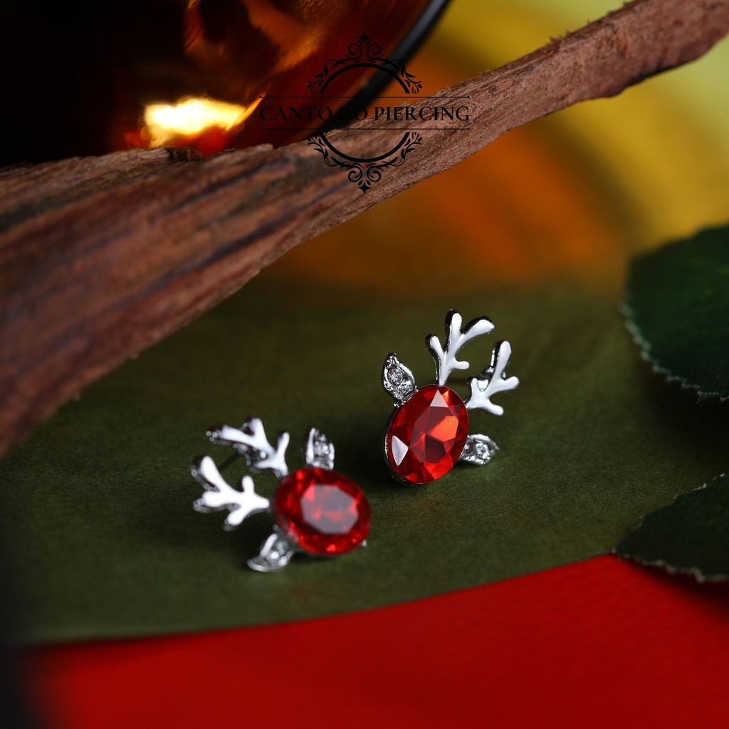 Brincos de rubi de chifre de veado de Natal Brincos de rubi de chifre de rena de metal antialérgico para mulheres