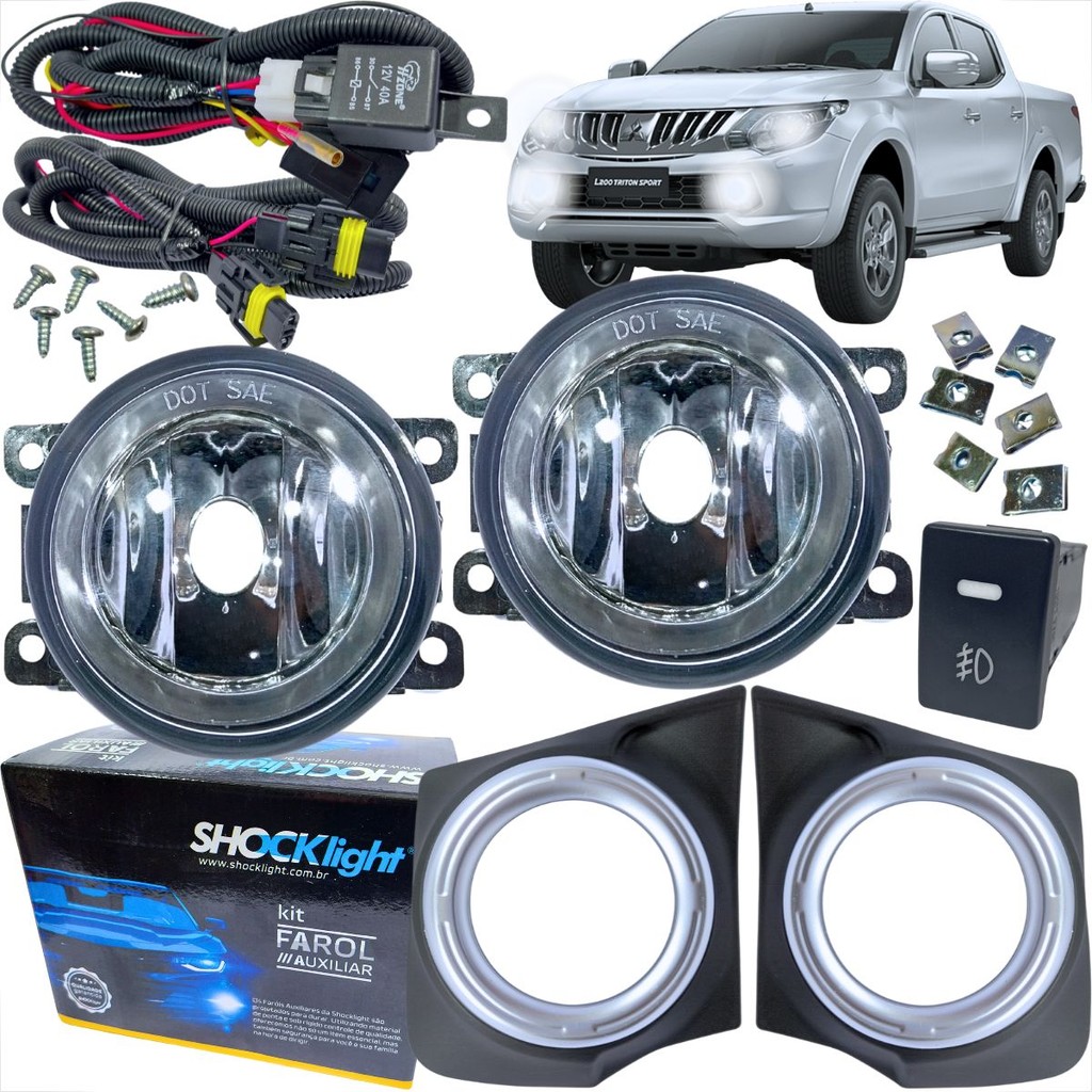 KIT FAROL AUXILIAR DE MILHA NEBLINA MITSUBISHI L200 TRITON SPORT 2018 ATÉ 2020 BOTÃO MODELO ORIGINAL