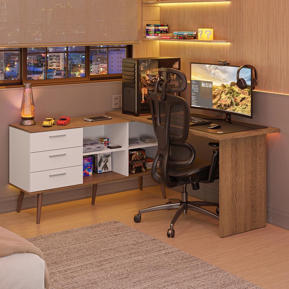 Escrivaninha Em L Mesa Para Computador Gamer 3 Gavetas Branco/Rustic Lisboa Madesa