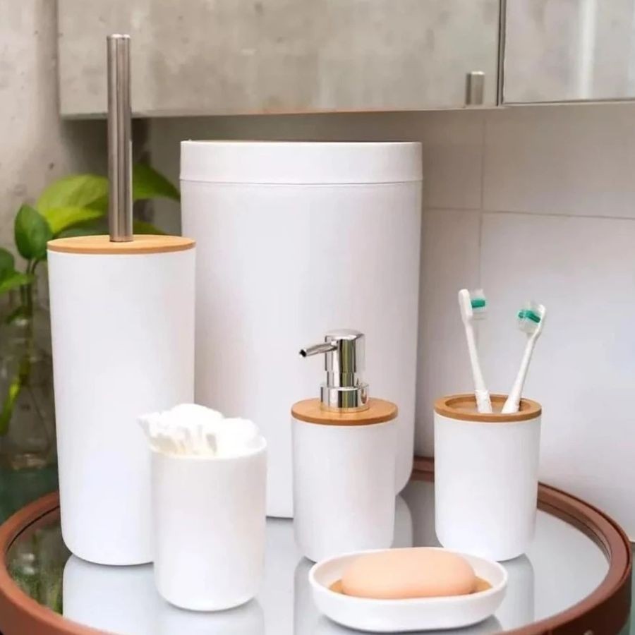 Kit Banheiro Conjunto Acessórios Higiene Lixeira Lavabo 6 Luxo Peças Branco Tampa Bambu Livon Luxo