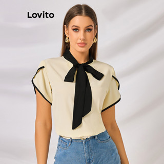 Lovito Elegante Blusa Feminina Lisa com Costura Contrastante Laço e Gola LBL09073