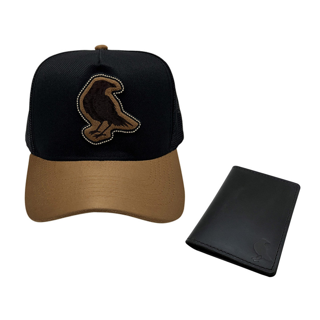 Boné Trucker Aba Curva Bordado Camurça E Carteira Em Couro Original Slim Vertical