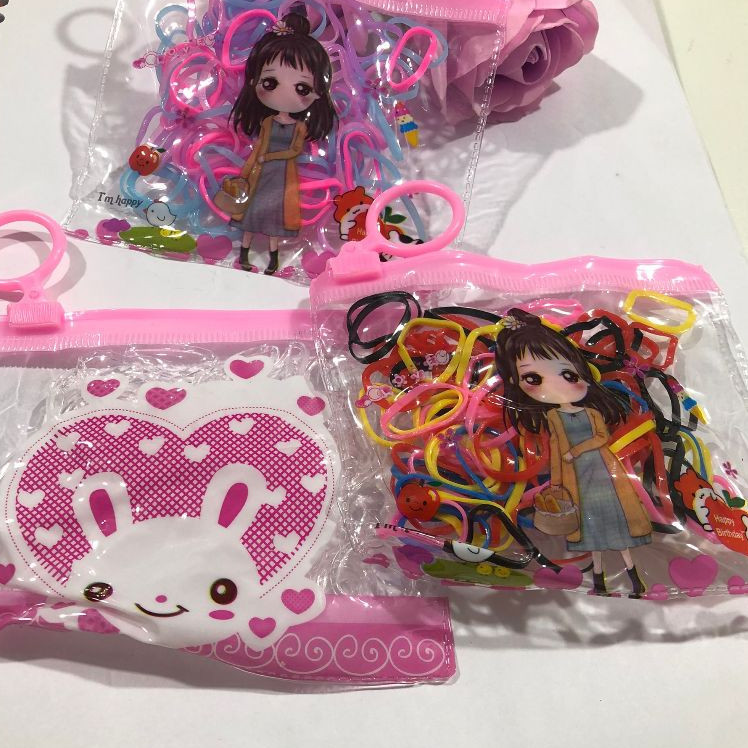 Detalhes do Kit 1/2/3/4/5/6/12 bolsinha com 100 Peças Elástico De Cabelo Feminino Saco ziplock de desenho animado