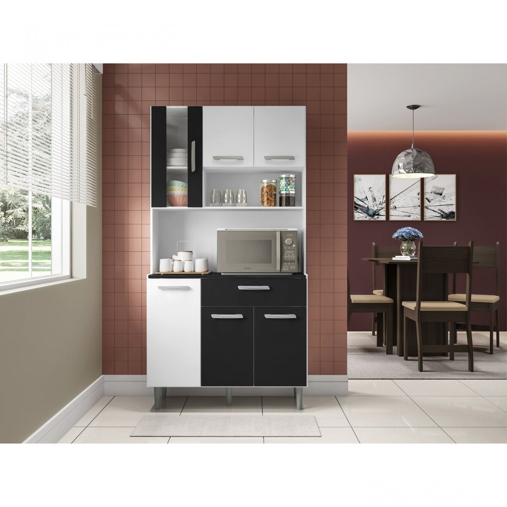 Armário de Cozinha 6 Portas 1 Gaveta Carol  Branco/Preto em Oferta na Shopee