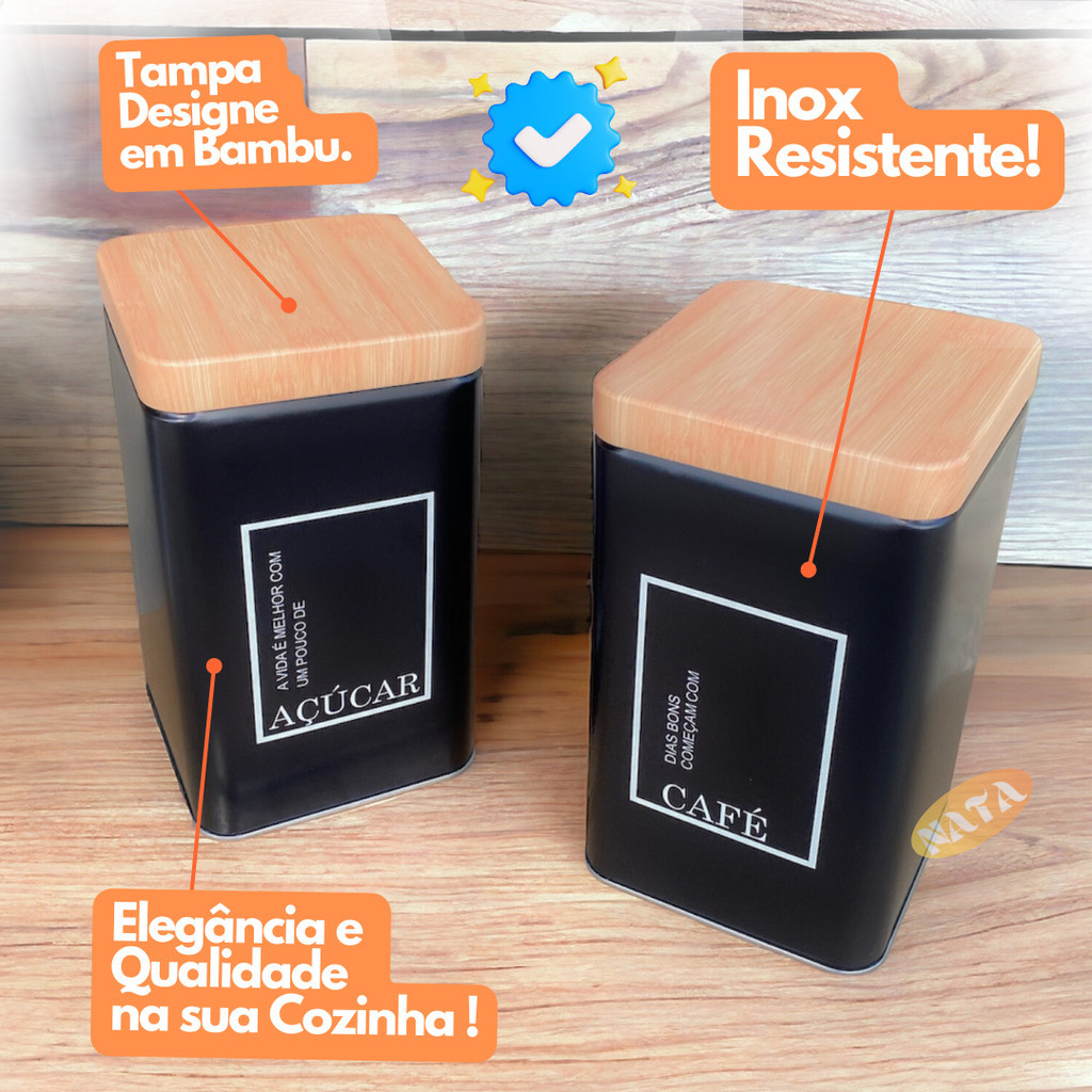 Kit 2 Latas Hérmetico Pote Café e Açúcar Porta Organidor de Cozinha Mantimentos Multiuso Metal Casa · foto 2