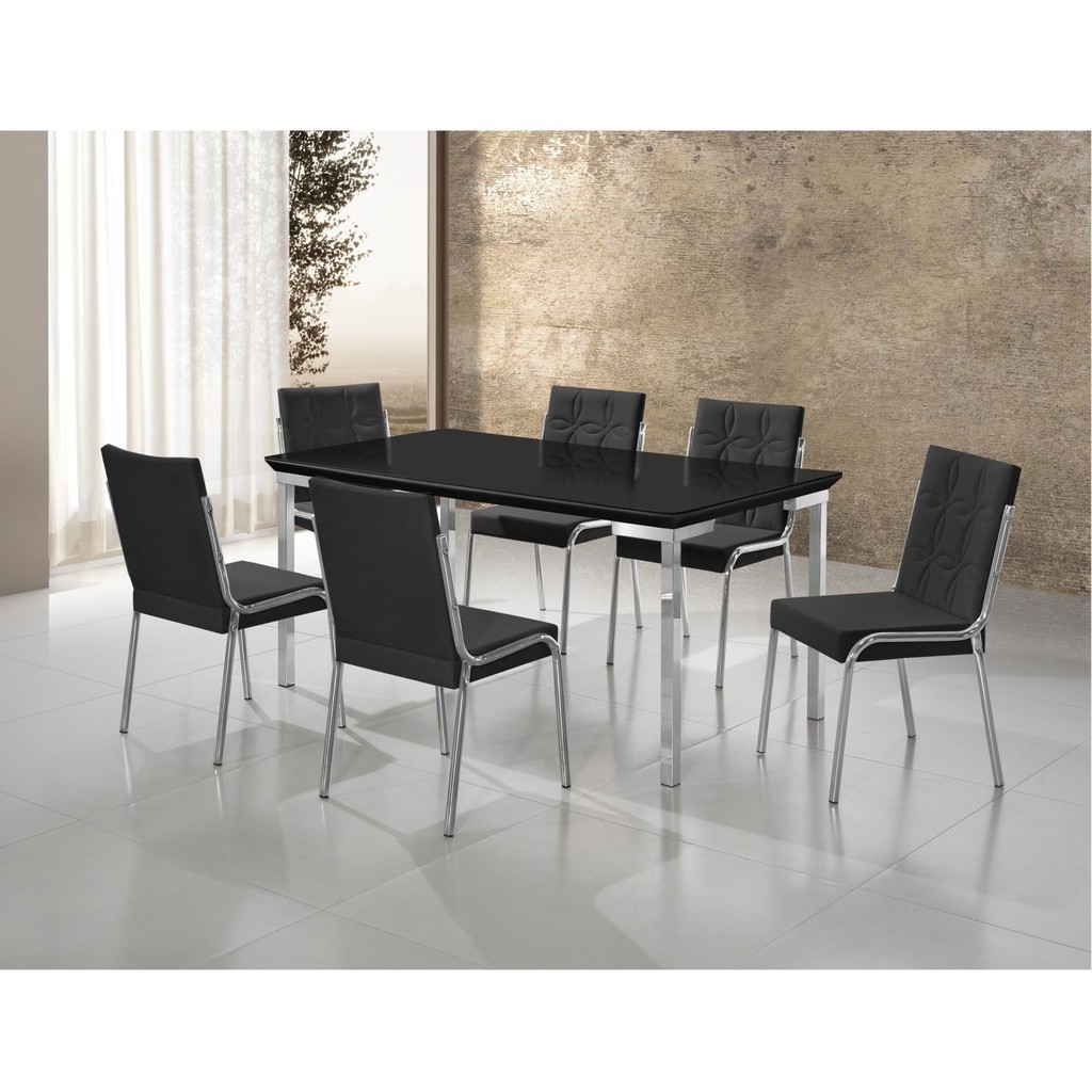 Conjunto Sala de Jantar Mesa Iza New Tampo MDF/Vidro 6 Cadeiras Natani New Yescasa Preto/Cromado Cromado/Preto