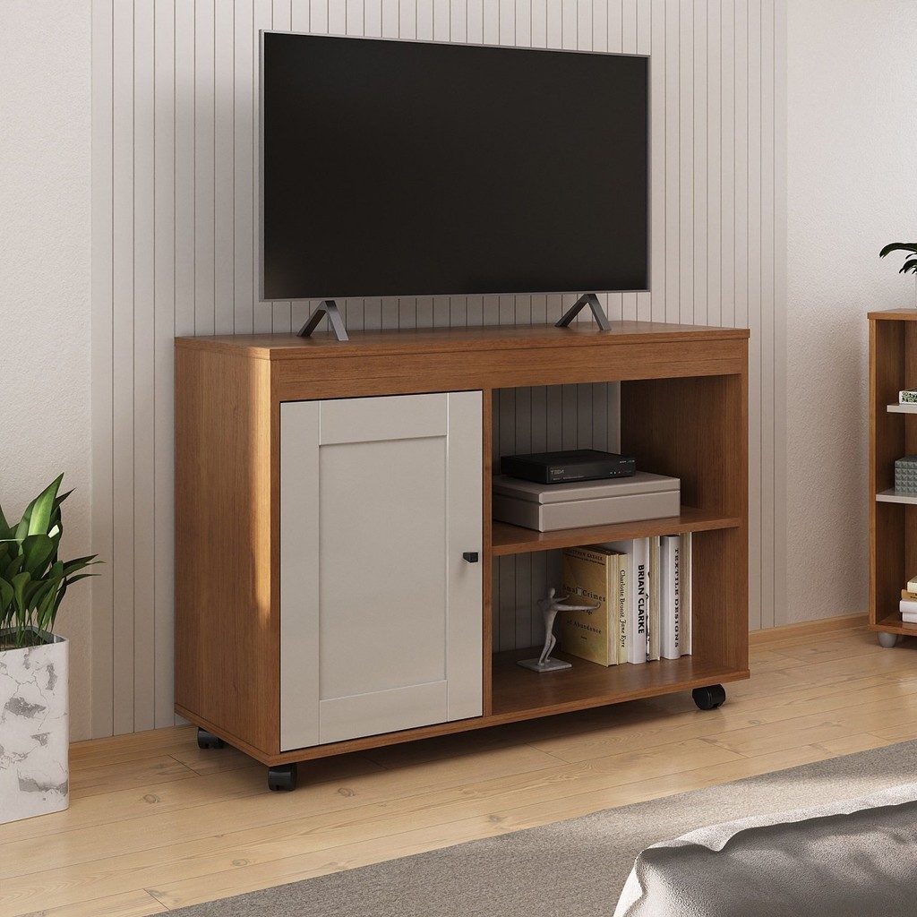 Rack para TV até 49 Polegadas MDF 91cm Rodizios Sampa Marrom Cinamomo/Off White