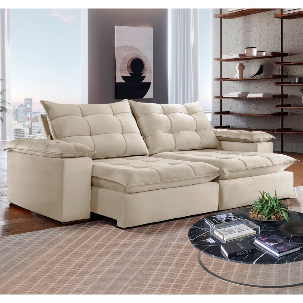 Sofa Retrátil e Reclinável 5 Lugares 290cm Espanha Veludo   Bege Claro em Oferta na Shopee