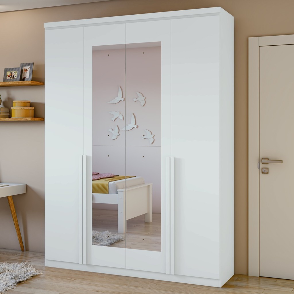 Guarda-roupa Solteiro com Espelho 4 Portas 2 Gavetas Alonzo 100% MDF Branco em Oferta na Shopee