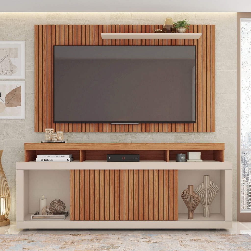 Rack com Painel para TV Até 65 Polegadas com Ripado Esmeralda  Freijó/Off White - Home & Living
