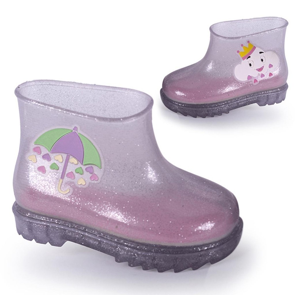 Galocha Infantil Baby Menina Nuvem Guarda Chuva Coração Emborrachado Volta as Aulas Escolar Mar&Cor