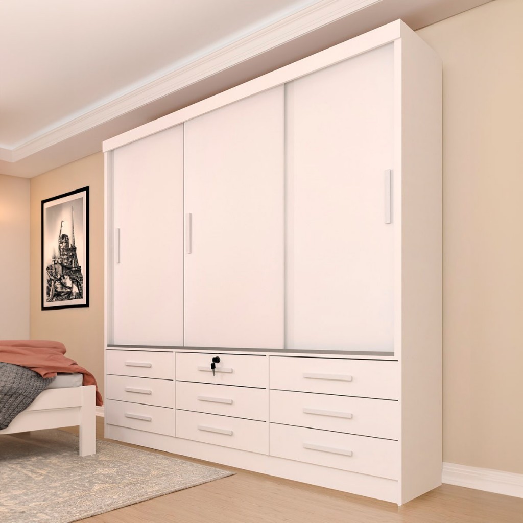 Guarda-Roupa Chicago 3 Portas 9 Gavetas Neve - Tcil Móveis em Oferta na Shopee