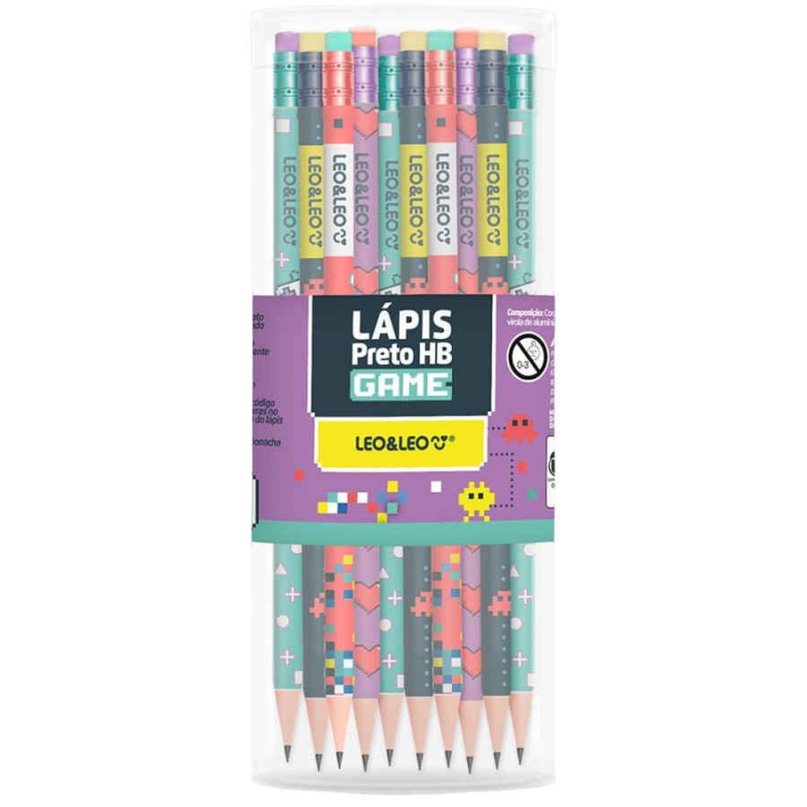 Kit 12 Lápis de Escrever HB Game com Borracha  Escolar  Leo&Leo