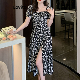 Lovito Vestido plus size curvo elegante Ditsy floral com frente dividida para mulheres LNE56582