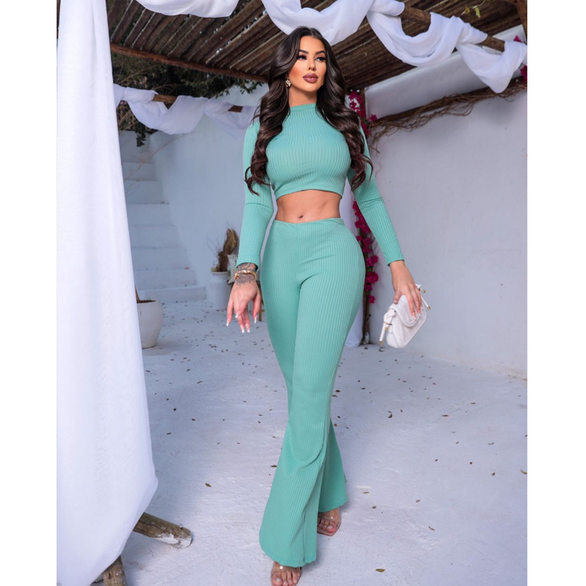 conjunto canelado calça flare cropped manga longa inverno dia a dia