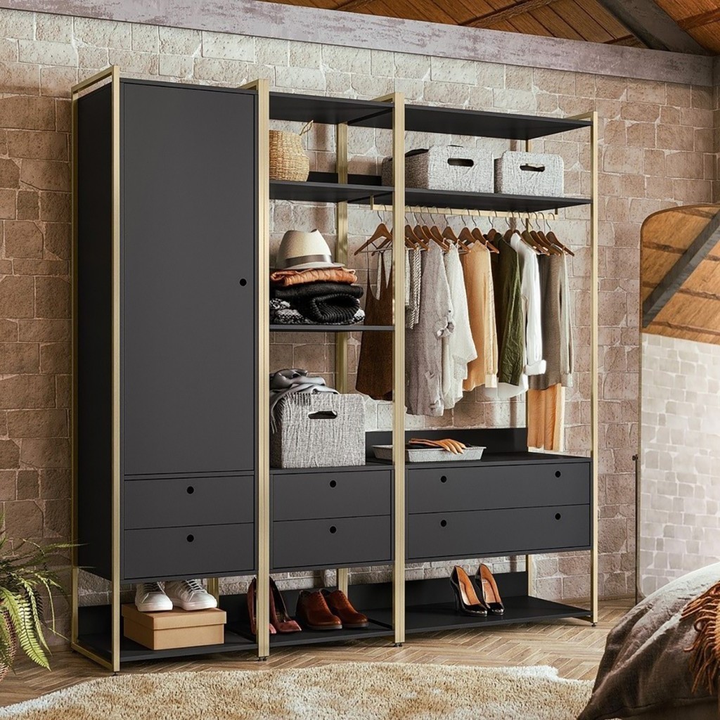 Closet Industrial Olivar 1 Porta 6 Gavetas Preto - Olivar Móveis - Home & Living