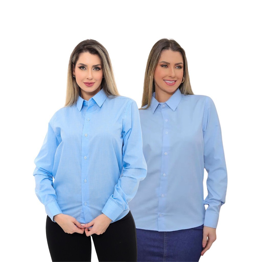 KIT Feminino 2 Peças - Camisa Social Premium Tipo Linho Azul Claro e Camisa Social Slim Azul Bebê