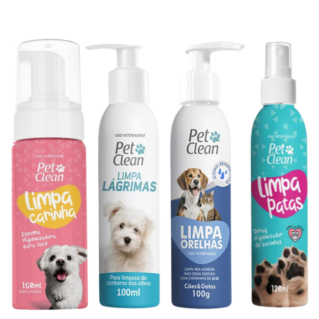 Combo Kit Higiene Pet Limpa Carinha + Limpa Lágrimas + Limpa Orelhas + Limpa Patas para Cães