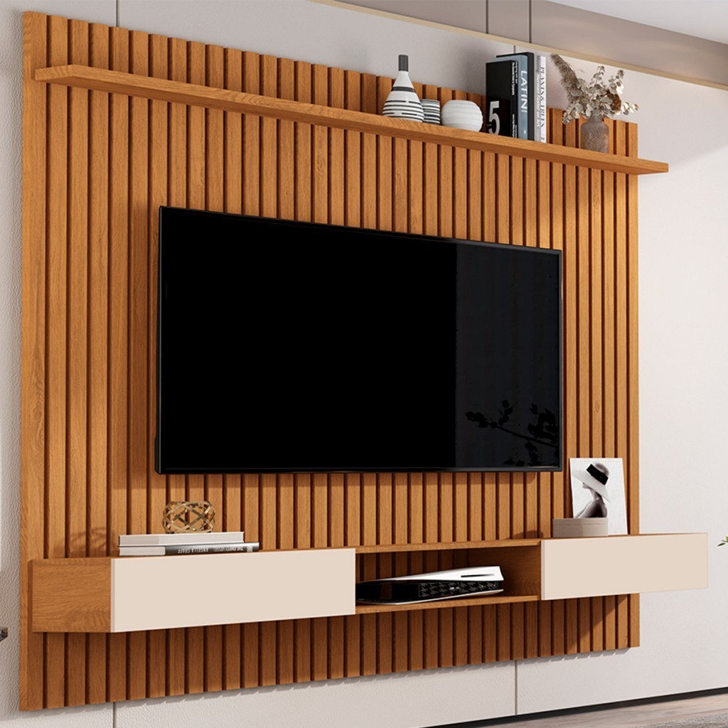 Painel para TV Até 70 Polegadas Vênus Ripado 2 Portas 1 Prateleira Nature/Off White 689 - Giga Móveis em Oferta na Shopee