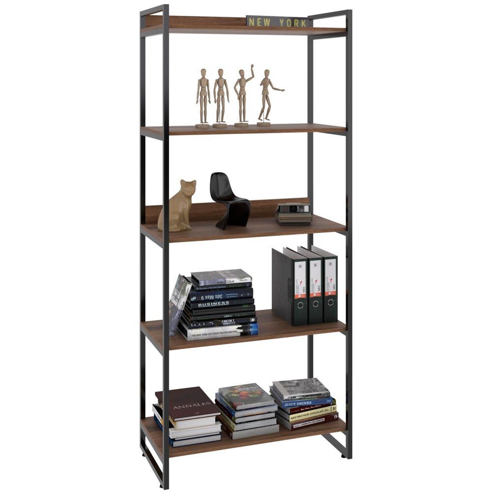 Estante Multiuso 5 Prateleiras Escritório Estilo Industrial Form C01 187x80 cm Nogal - Lyam Decor - Home & Living