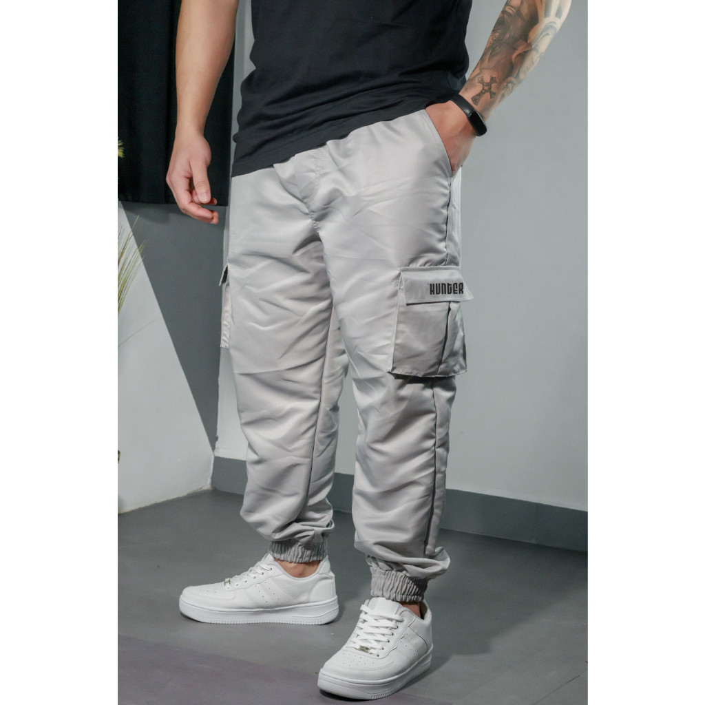 Calça Jogger Cargo Corta Vento Combat Masculina Cinza Skate