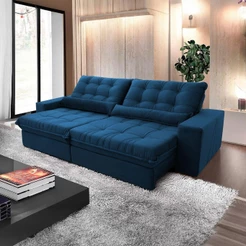 Sofá Retrátil Reclinável Zurique 2,30m Suede Velut Azul Marinho c/ Molas no Assento - King House