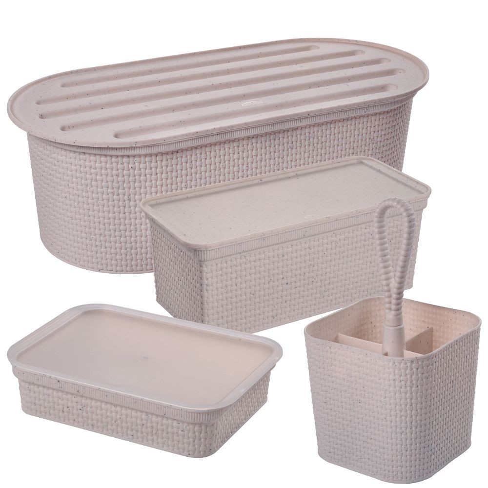 Kit porta pão com migalheira, porta torradas/biscoitos, porta frios e porta talheres c/ Alça Tear Plasutil