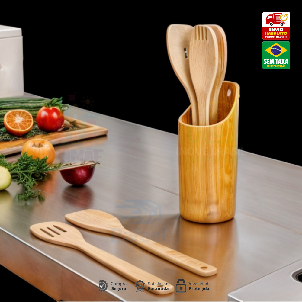 Kit Colher De Pau Utensílios Em Bambu 4 talheres + suporte Peças Anti Fungos Casa Cozinha Colheres em Oferta na Shopee