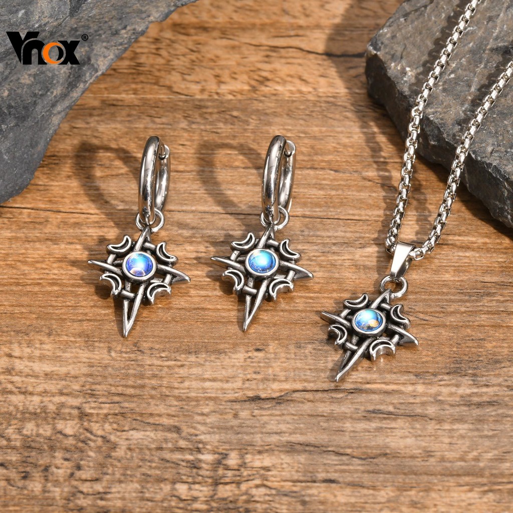 Conjunto De Colar E Brincos De Argola Com Pingente De Nó Celta Vnox Moonstone , Aço Inoxidável Vintage Hipoalergênico Pa