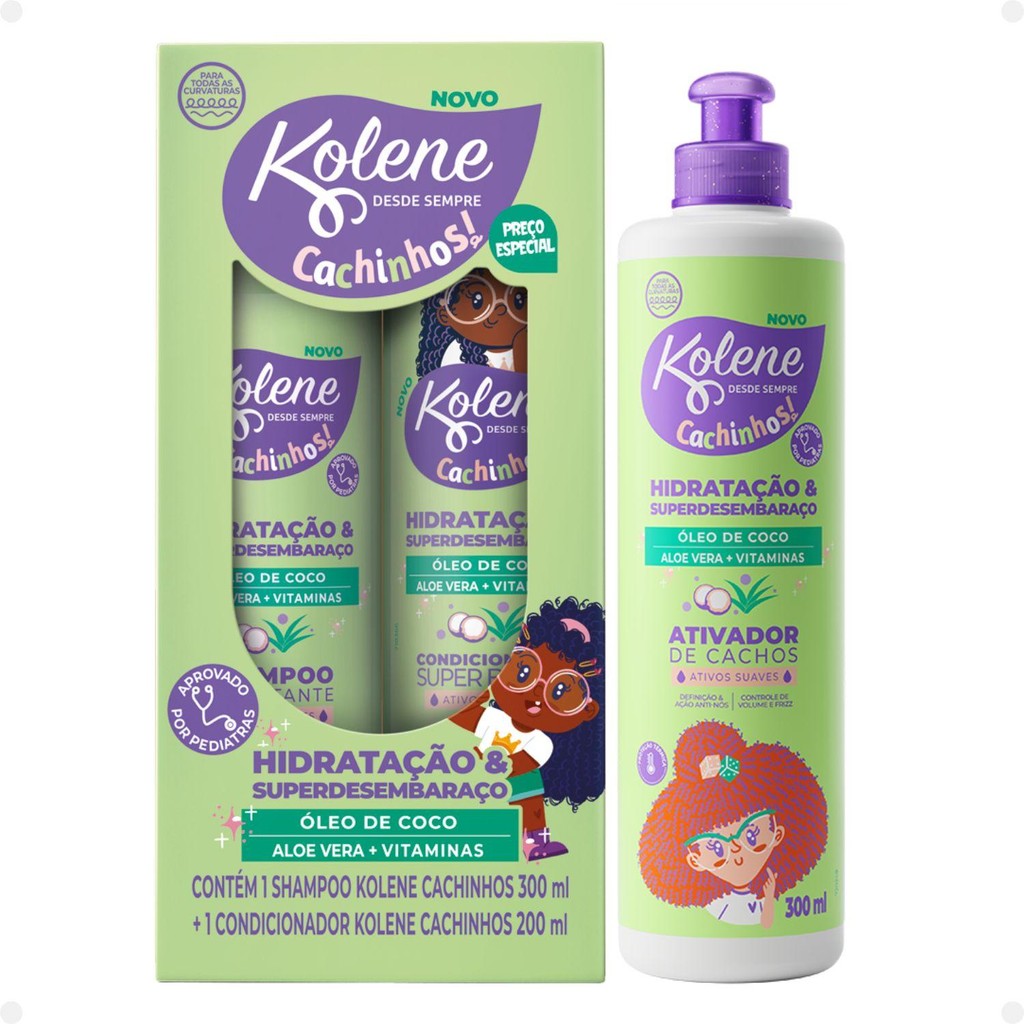 Kit Kolene Cachinhos: Shampoo 300ml, Condicionador 200ml e Ativador de Cachos