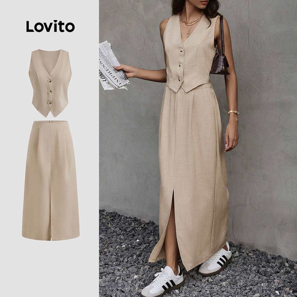 Lovito Tops ou calças femininas elegantes com botão liso frontal dividida LBL22152 - Women Clothes
